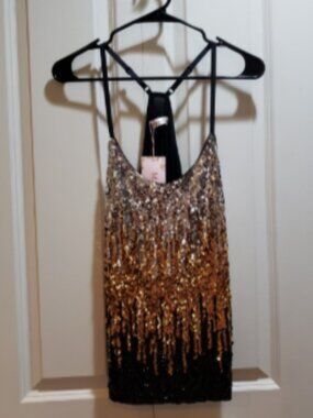 NWT Maner Black & Gold Sequin Adjustable Spaghetti Straps Tank Size S
